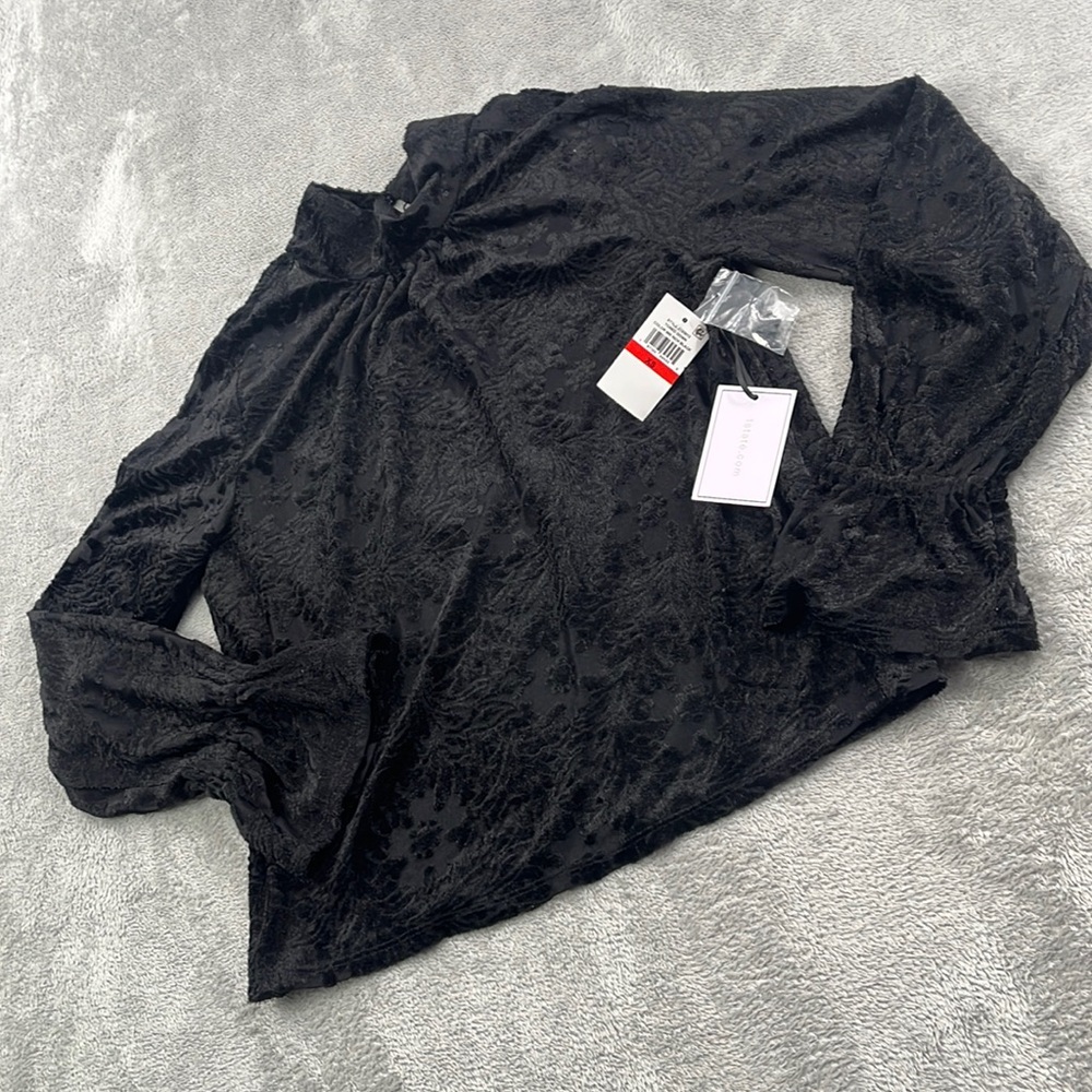 NEW 1 State XS Black Semi Sheer Floral Crushed Velvet Bell‎ Sleeve Collar Blouse